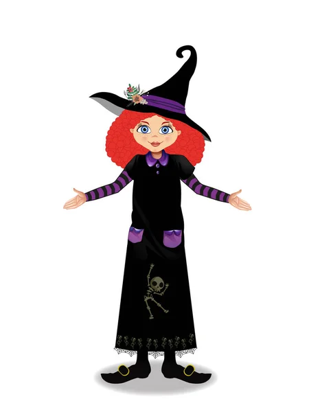 Halloween Vektorillustration Der Jungen Hexenmädchenfigur Mit Ingwerhaar Hut Und Kostüm — Stockvektor