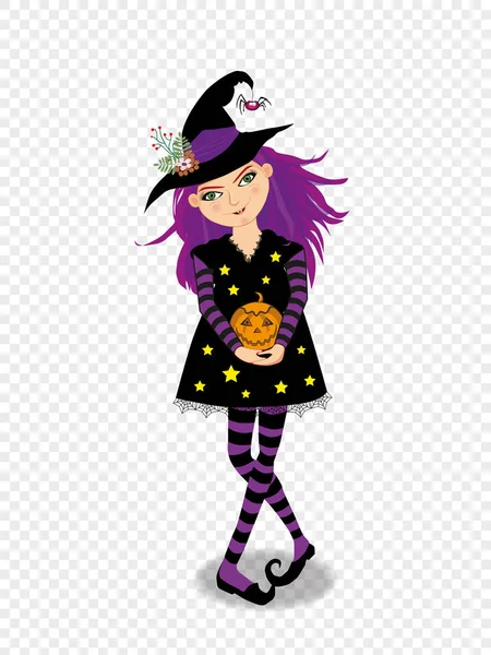 万圣节矢量插图的巫婆女孩与紫色的头发在帽子和服装隔离在透明的背景 可爱的卡通女巫剪贴画贺卡 节日设计 — 图库矢量图片