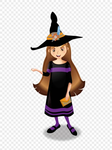 Halloween Vektor Illustration Der Hexe Mädchen Mit Langen Braunen Haaren — Stockvektor