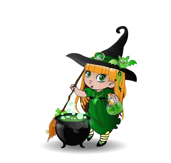 Vector Cartoon Illustration Little Blonde Baby Witch Girl Green Dress — Stock Vector