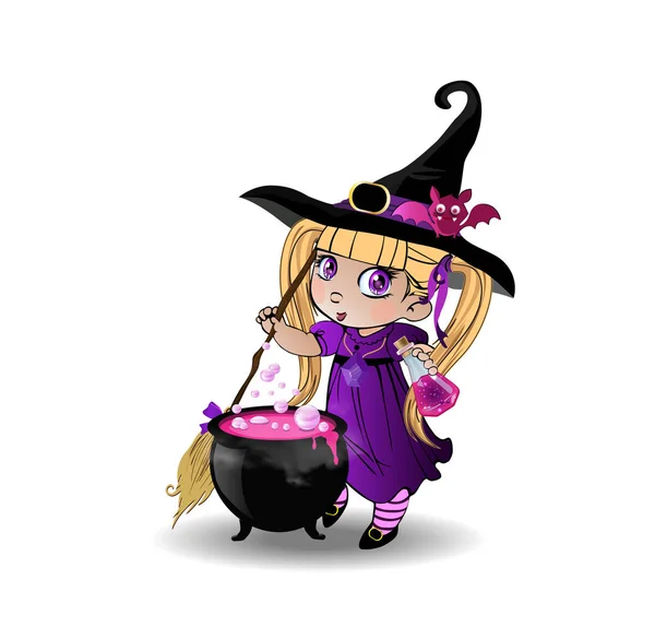 矢量卡通插图小金发女孩在紫色的礼服和可爱的蝙蝠在她的帽子搅拌沸腾药水与扫帚在锅中的白色背景 万圣节剪贴画字符 — 图库矢量图片