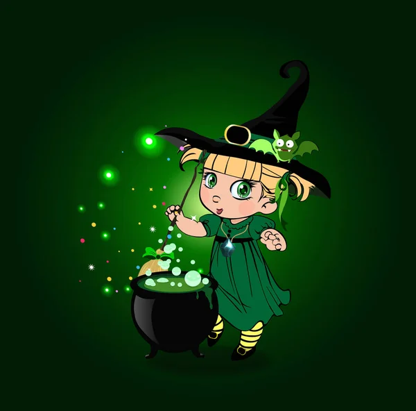 Vector Cartoon Halloween Illustration Little Blonde Baby Witch Girl Costume — Stock Vector