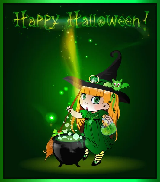 Fröhliche Halloween Vektor Grußkarte Mit Niedlichem Blonden Kleinen Hexenmädchen Kostüm — Stockvektor