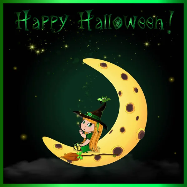 Feliz Tarjeta Felicitación Vectorial Halloween Con Linda Niña Pelirroja Bruja — Vector de stock