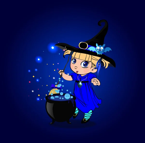 Vektor Cartoon Halloween Illustration Der Kleinen Blonden Baby Hexe Mädchen — Stockvektor