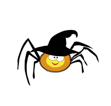 Vektör çizim şirin komik sarı gülümseyen örümcek siyah halloween cadı şapka giyiyor. Beyaz arka plan üzerinde izole örümcek karakter karikatür. Dijital tasarım öğesi, simge, küçük resim.