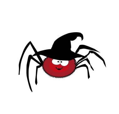 Vektör çizim şirin komik kırmızı gülümseyen örümcek siyah halloween cadı şapka giyiyor. Beyaz arka plan üzerinde izole örümcek karakter karikatür. Dijital tasarım öğesi, simge, küçük resim.