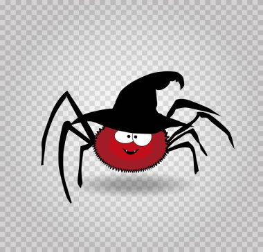 Vektör çizim şirin komik kırmızı gülümseyen örümcek siyah halloween cadı şapka giyiyor. Saydam arka plan üzerinde izole örümcek karakter karikatür. Dijital tasarım öğesi, simge, küçük resim.