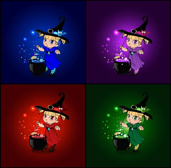 Ensemble Dessins Animés Vectoriels Cartes Halloween Avec Petites Sorcières Costume — Image vectorielle