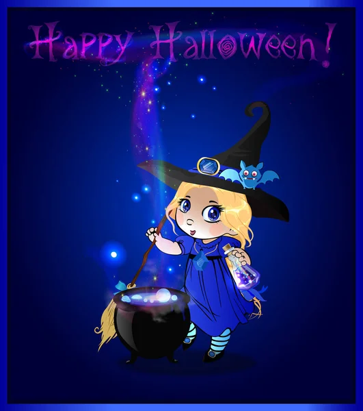 Fröhliche Halloween Vektor Grußkarte Mit Niedlichem Blonden Kleinen Hexenmädchen Kostüm — Stockvektor