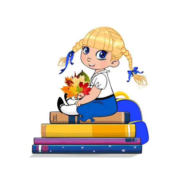 卡通学校的小女孩穿着制服坐在书堆里 捧着秋叶的手 可爱学生的矢量例证 学生孩子字符 夹子艺术 老师天 回到学校 — 图库矢量图片