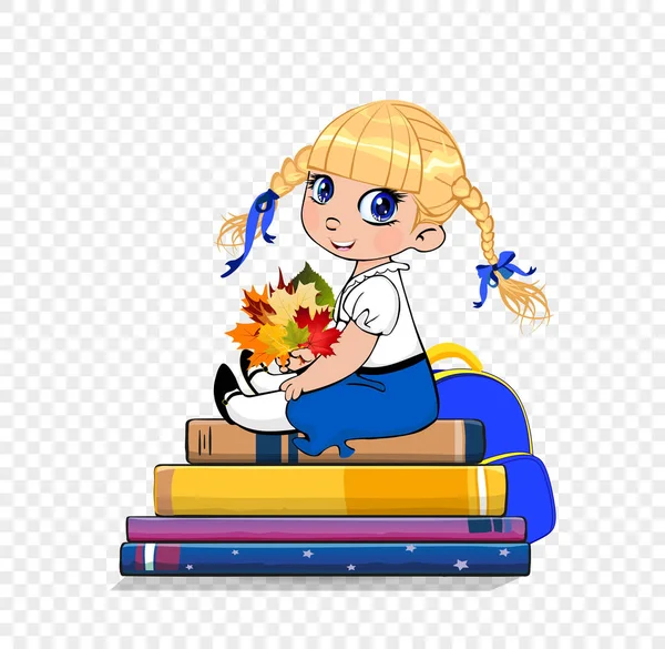 Vectorillustratie Van Cartoon School Babymeisje Uniform Zittend Stapel Boeken Met — Stockvector