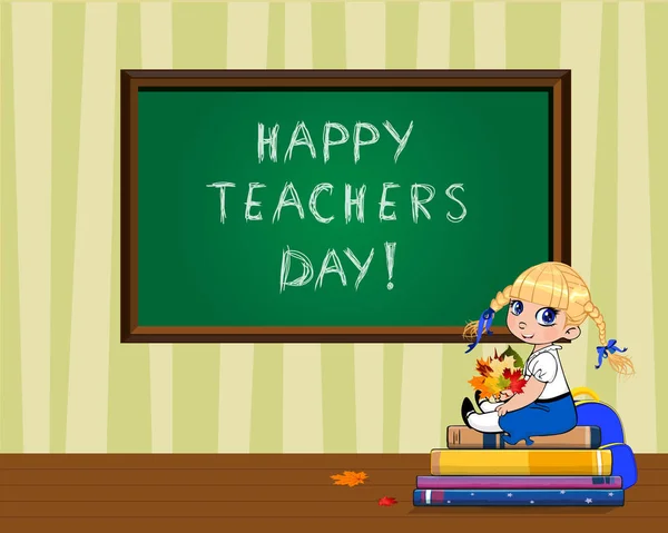 Happy Učitelé Den Blahopřání Roztomilý Kreslený Školy Dívka Sedí Hromadě — Stockový vektor