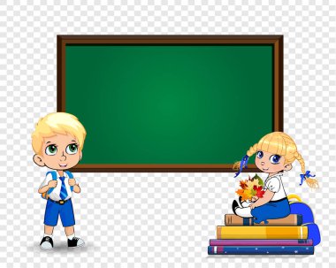 Sevimli çizgi okul çocuklar üzerinde şeffaf arka plan izole kopya alanı ile açık blackboard yakın. Öğretmenler günü veya okul tebrik kartı şablonu, çerçeve, kenarlık geri. Mutlu öğrenci karakterler çocuklar