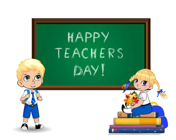 Mutlu Öğretmenler Günü Tebrik Kartı Kitaplar Kazık Öğrenci Beyaz Tahtaya — Stok Vektör