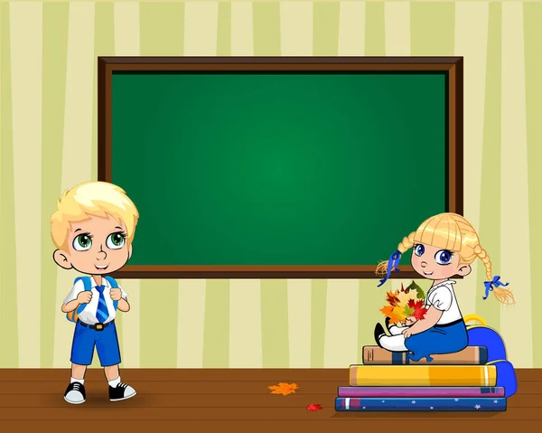 Cute Cartoon School Children Clear Blackboard Copy Space Classroom Teachers — Stock Vector