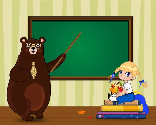 Счастливый День Учителя Вернуться Школьной Векторной Иллюстрации Учителя Мультфильма Медведь — стоковый вектор