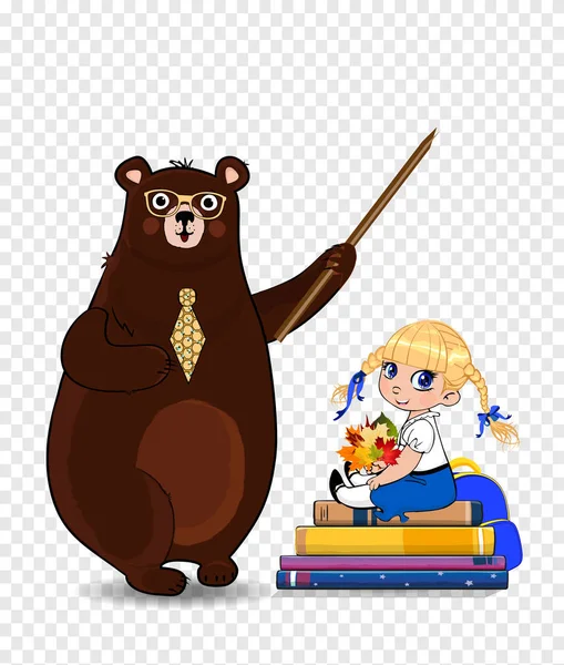 Den Šťastný Učitelé Školy Vektorové Ilustrace Kreslené Medvěd Učitele Drží — Stockový vektor