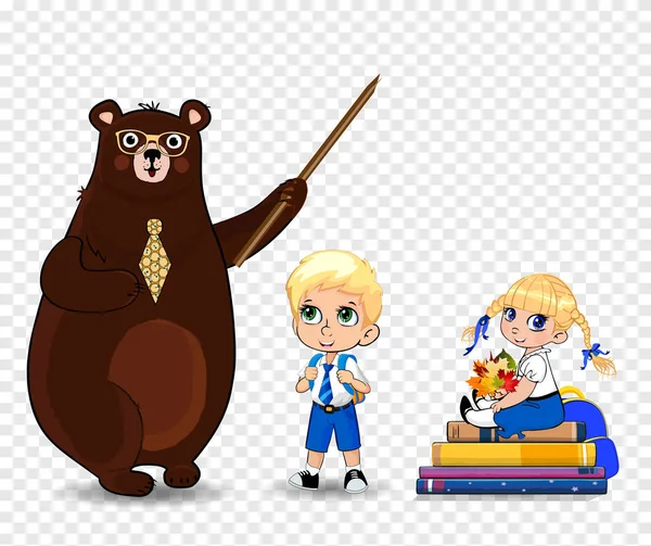 教师节快乐 回到学校向量插图卡通熊老师拿着指针和学校的男孩和女孩带着树叶花束坐在书本上堆上透明 剪贴画 — 图库矢量图片