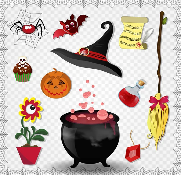 Red Halloween Cartoon Set Various Objects Witches Isolated Transparent Background — Stock Vector