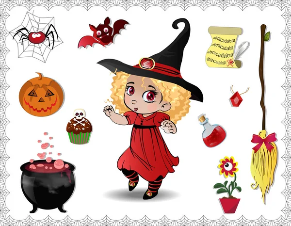 红色万圣节卡通套各种对象的巫婆和可爱的小巫婆女孩在服装和帽子孤立的白色背景 矢量图标 剪贴画 游戏元素或字符创建 — 图库矢量图片