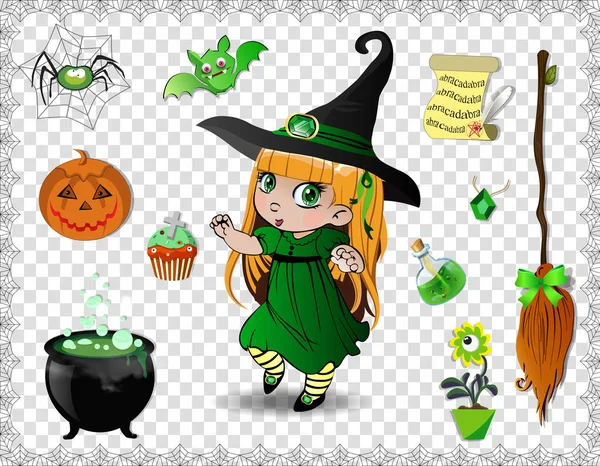 Green Halloween Cartoon Set Various Objects Witches Cute Little Witch — Stock Vector