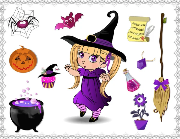 Purple Halloween Cartoon Set Various Objects Witches Cute Little Witch — Stock Vector