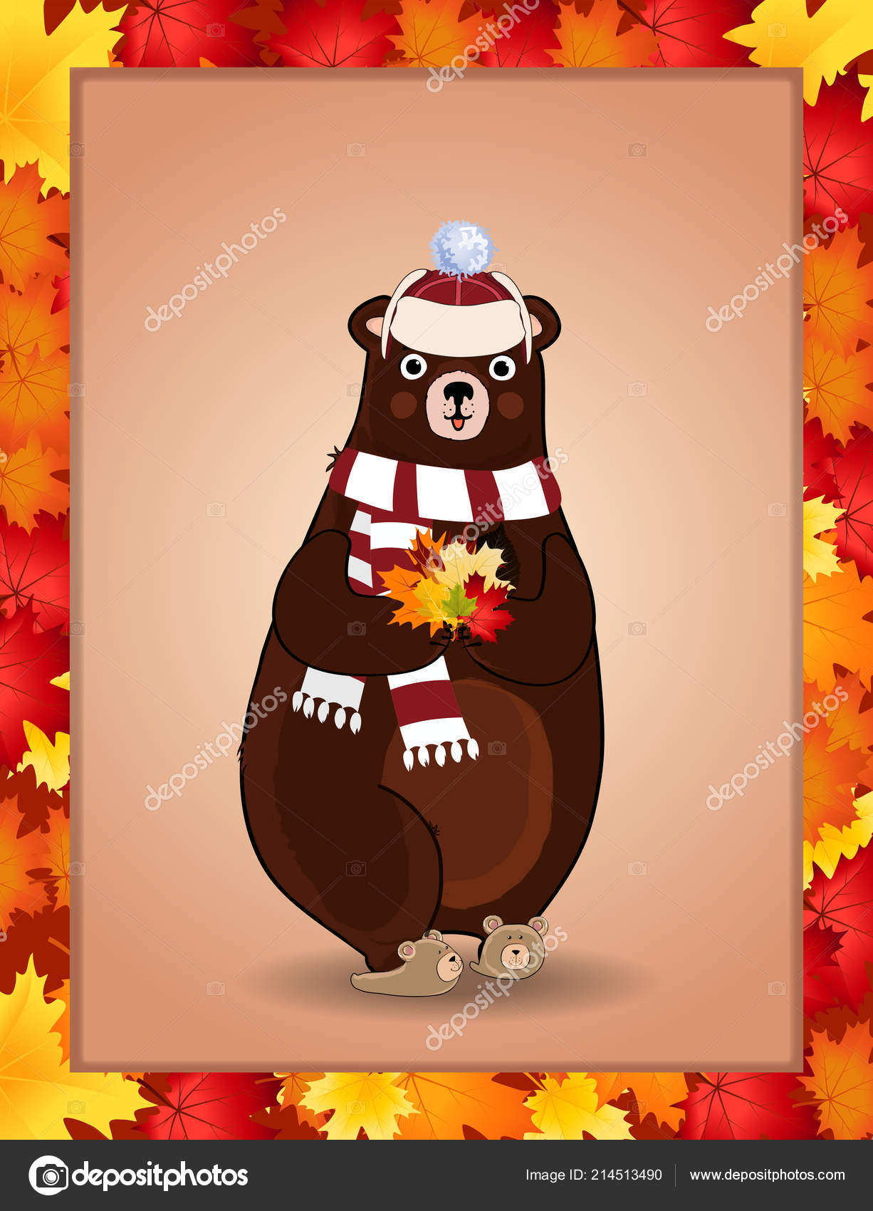 Vector Character Illustration Cute Bear Knitted Scarf Hat Maple Stock Vector Image by ©Katarepsius #214513490