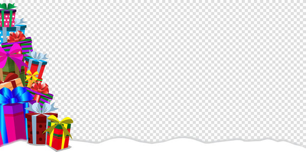 Праздничный фон с подарками в традиционном праздничном стиле. Рождество, Новый год, Валентин, день рождения, юбилейный клип художественной границы подарочные коробки кучу на снегу изолированы на прозрачном фоне
