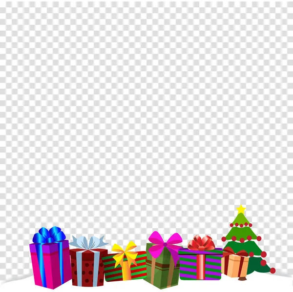 弓とリボンで飾られた異なるサイズ プレゼントのベクター イラストです グリーティング カードのテンプレート クリップアート 白い雪のドリフト クリスマスや新年の境界線フレームの背景にカラフルなギフト ボックス — ストックベクタ