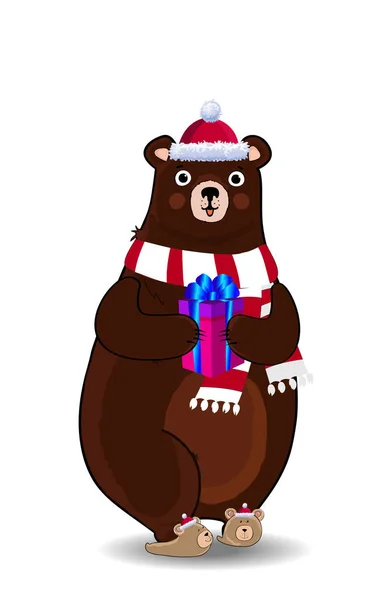 Ilustração Vetorial Personagem Bonito Urso Desenhos Animados Chapéu Papai Noel — Vetor de Stock