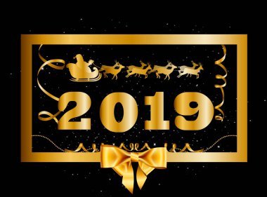 Altın hediye yay ve Noel Baba geyik kızak üzerinde uçan vektör 2019 Happy New Year ve Noel arka plan tinsel ve altın çerçeve içinde konfeti ile dekore edilmiştir. Vektör çizimi, el ilanı, davetiye, tebrik kartı.
