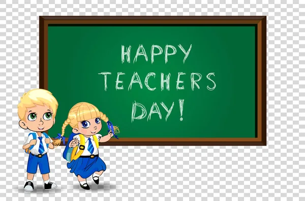 Happy Učitelé Den Blahopřání Roztomilý Kreslený Školačka Školák Sobě Uniformu — Stockový vektor