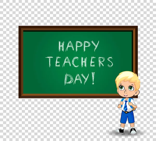 Happy Učitelé Den Blahopřání Klipart Roztomilý Kreslený Školáka Sobě Uniformu — Stockový vektor