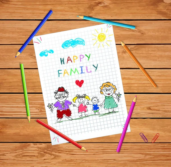 儿童五颜六色的手绘向量例证的人 妇女和孩子手牵着手在平方笔记本电脑表背景在木桌上的彩色铅笔周围 幸福的家庭 — 图库矢量图片