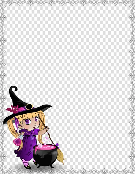 Vector Illustration Little Kawaii Witch Baby Girl Broom Cauldron Framed — Stock Vector