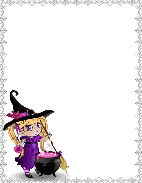 Vector Illustration Little Kawaii Witch Baby Girl Broomstick Cauldron Framed — Stock Vector