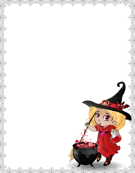 Vektor Illustration Des Hexenmädchens Rotem Kostüm Und Hexenkessel Gerahmt Mit — Stockvektor