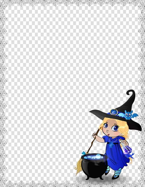 Vector Illustration Baby Witch Girll Blue Costume Cauldron Framed Cobweb — Stock Vector