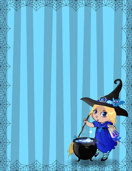 Halloween Mall Med Little Witch Flicka Bat Och Kittel Inramad — Stock vektor