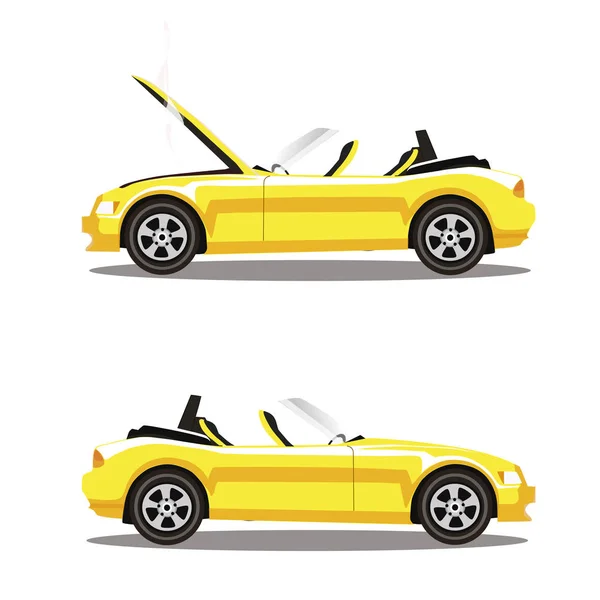 Vektor Set Von Gebrochenen Gelben Luxus Cabriolet Sport Cartoon Auto — Stockvektor