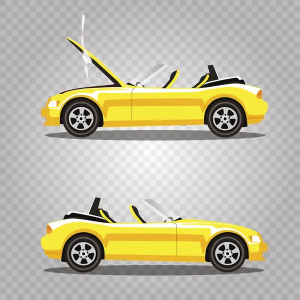 壊れた黄色い高級カブリオレ スポーツカー漫画煙で覆われて開かれたフード付きのベクトルを設定します 自動車事故の前に 透明な背景に分離されたクリップ アート イラスト — ストックベクタ