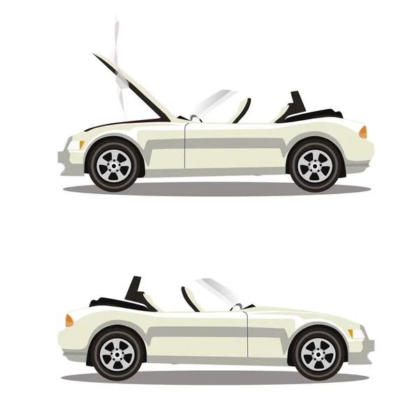 Vektor Set Von Kaputten Weißen Luxus Cabriolet Sport Cartoon Auto — Stockvektor