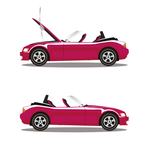 壊れたピンク高級カブリオレ スポーツカー漫画煙で覆われて開かれたフード付きのベクトルを設定します 自動車事故の前に 白い背景に分離されたクリップ アート イラスト — ストックベクタ