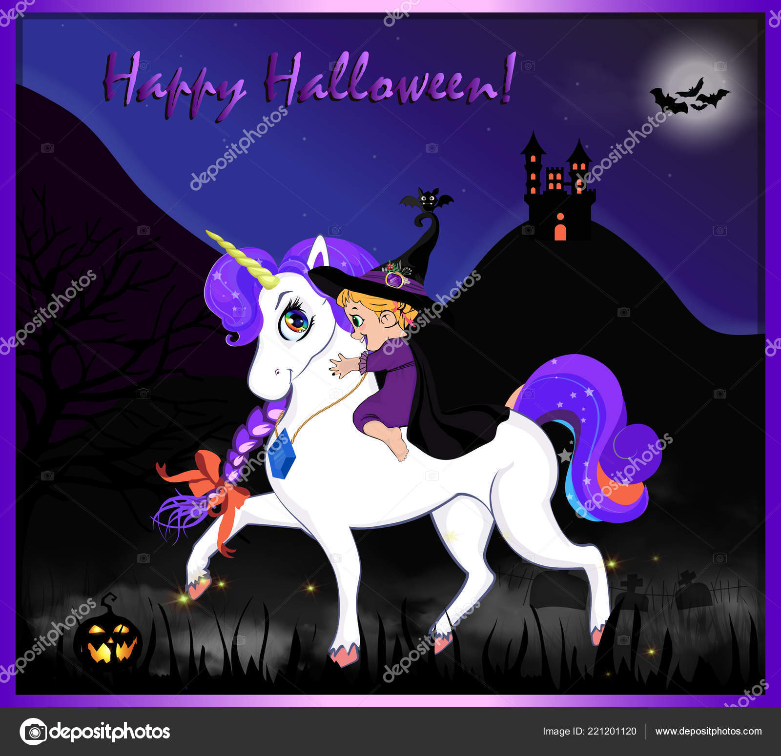 愉快的万圣节卡通贺卡与可爱的婴孩女巫女孩上美丽的神奇麒麟在夜间满月可怕的景观背景与城堡墓地和杰克向量例证图库矢量图©Katarepsius  221201120, image size:1600x1550