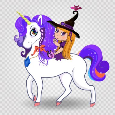 Şirin bebek cadı kız siyah şapka ve mor kostüm güzel sihirli unicorn sürme izole. Cadılar Bayramı vektör klip sanat karakterler için tebrik kartı, çocuklar tasarım, tişört baskı, kitap Illustration