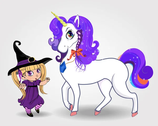 Cute baby witch girl in black hat and purple costume standing together with beautiful kawaii magical unicorn on white. Halloween characters for clip art, greeting card, children design, t-shirt print