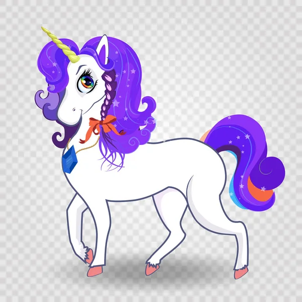 Cute Cartoon Magical Unicorn Purple Mane Rainbow Eyes Transparent Background — Stock Vector