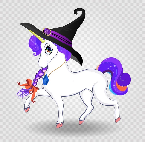Ilustrasi Vektor Halloween Karakter Unicorn Magis Kartun Lucu Dengan Rambut - Stok Vektor