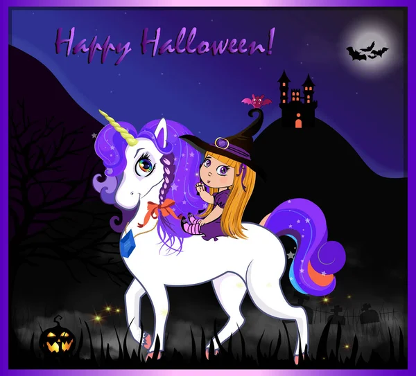 Fröhliche Halloween Cartoon Grußkarte Mit Niedlichen Baby Hexe Mädchen Auf — Stockvektor